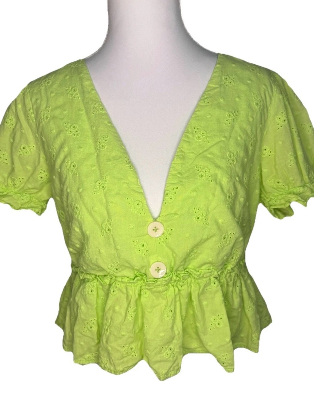 Line & Dot Lime Eyelet Peplum Button Blouse